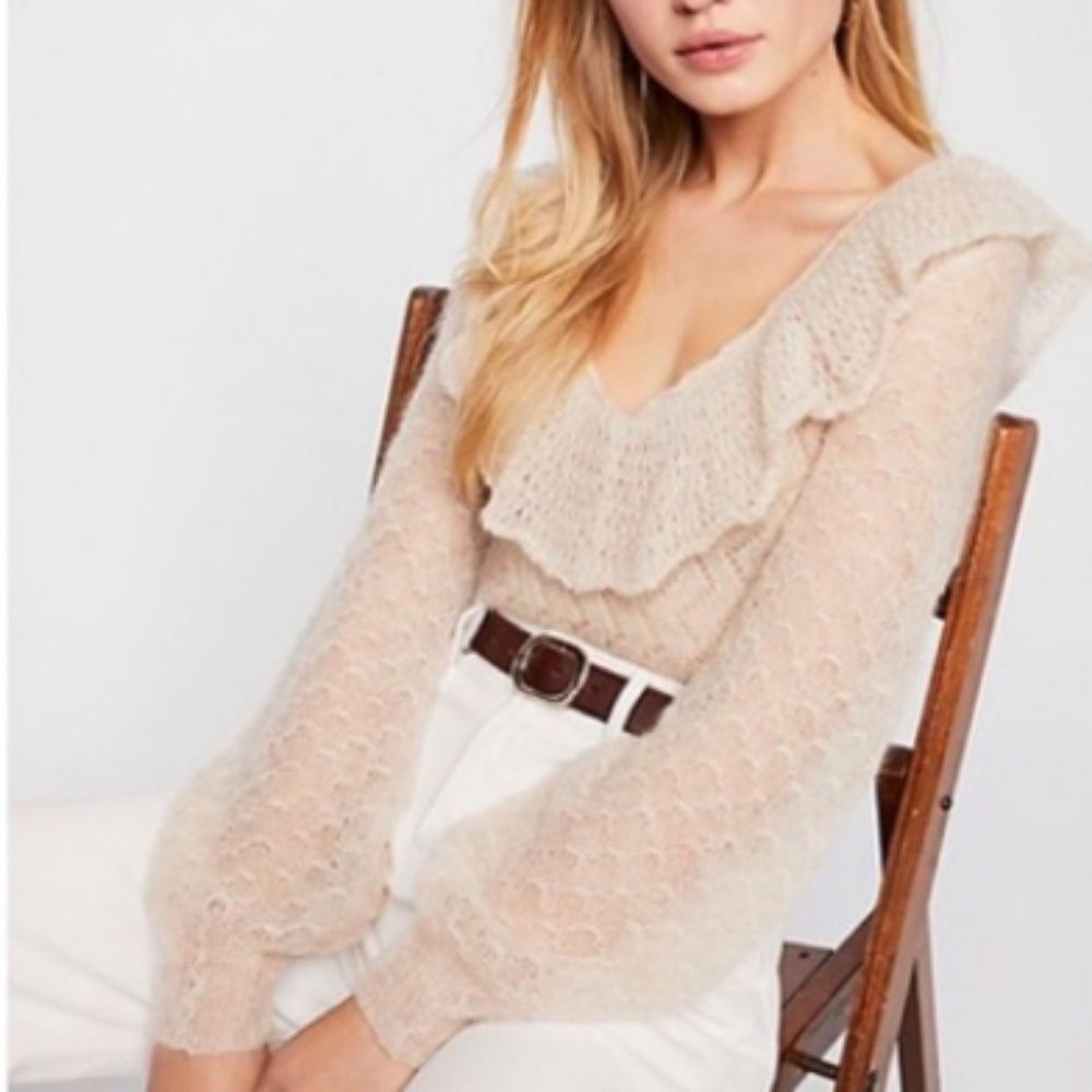 FREE PEOPLE Macaroon Ivory Boho Ruffle Neck Mohair Sweater NWT